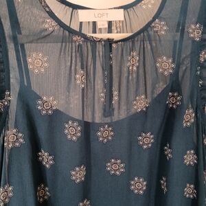 LOFT Teal‎ Blue Sheerand Flowy Dress with Cream Medallion Embroidery Medium